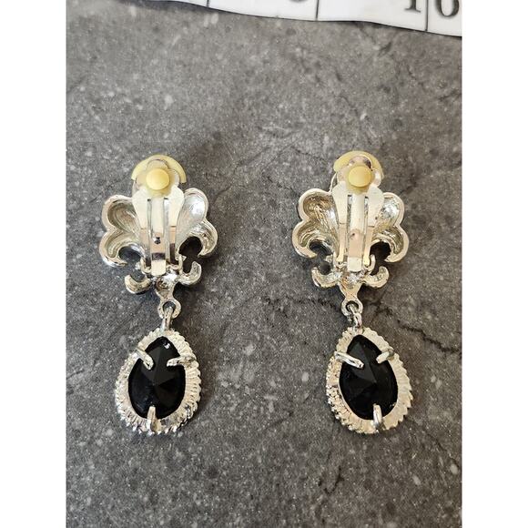Silver Tone Black Onyx Dangle Earrings Fleur de Lis - Picture 4 of 5